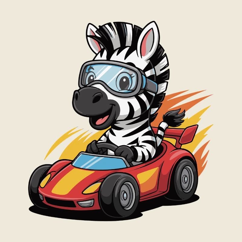 Zebra racing kart with safety goggles