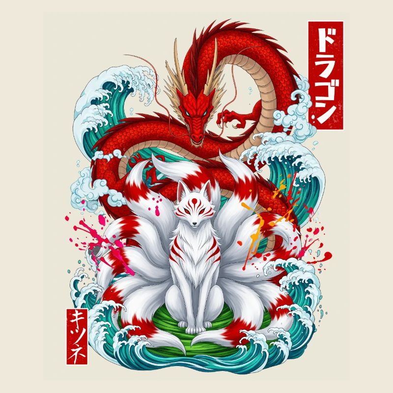 Japanese Dragon Kitsune Nine Tailed Fox Great Wave