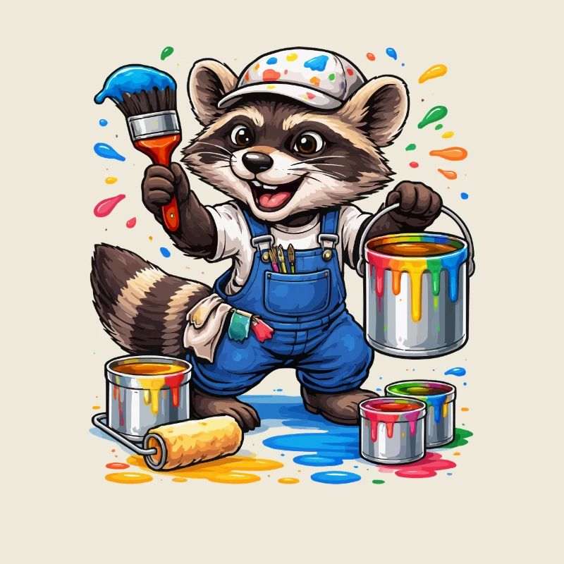 Waschbär Maler mit Farbtropfen