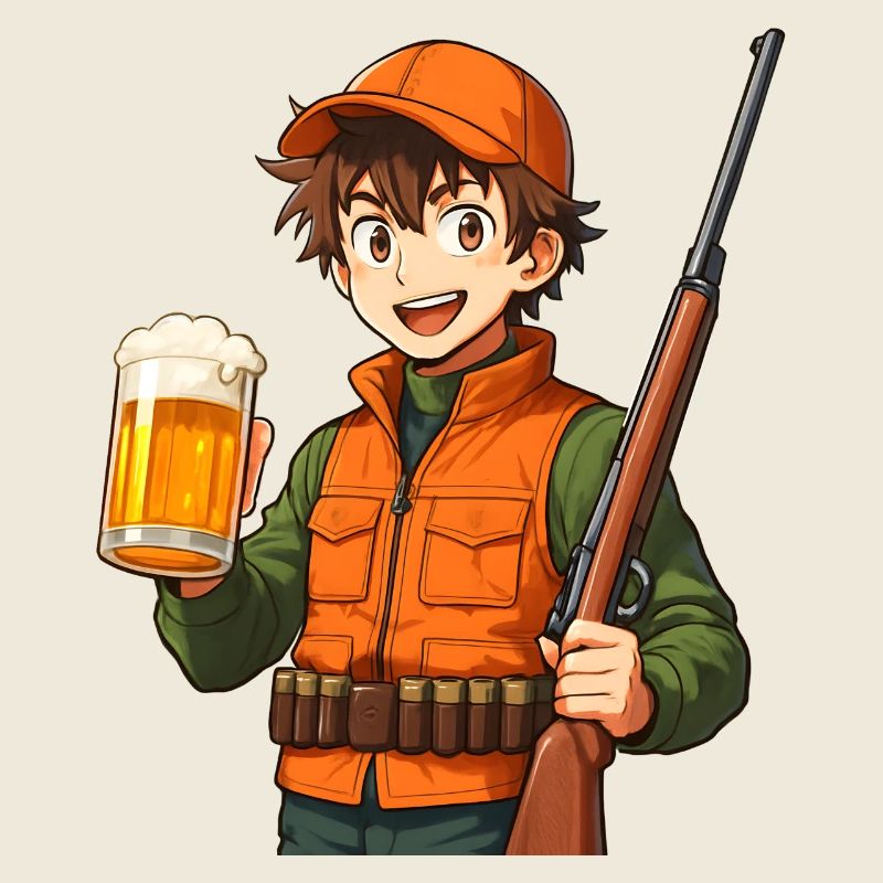 Jägerheld mit Bier und Flinte