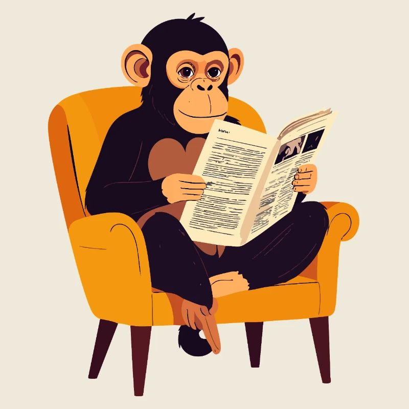 Monkey reading newspaper in armchair funny monkey motif