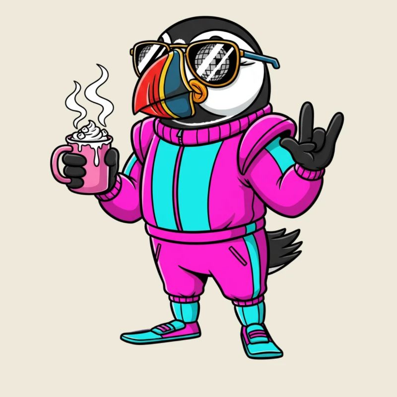Oiseau élégant en combinaison de ski avec café