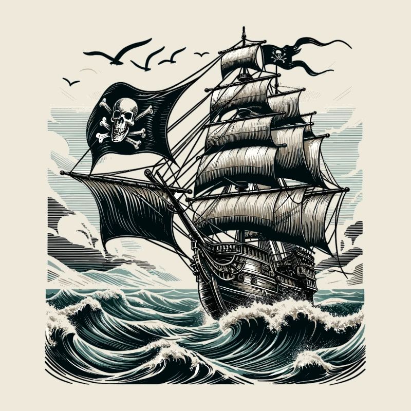 Vaisseau pirate dans la tempête avec un crâne
