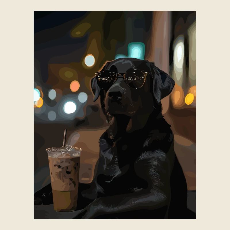 Chien errant nocturne avec café