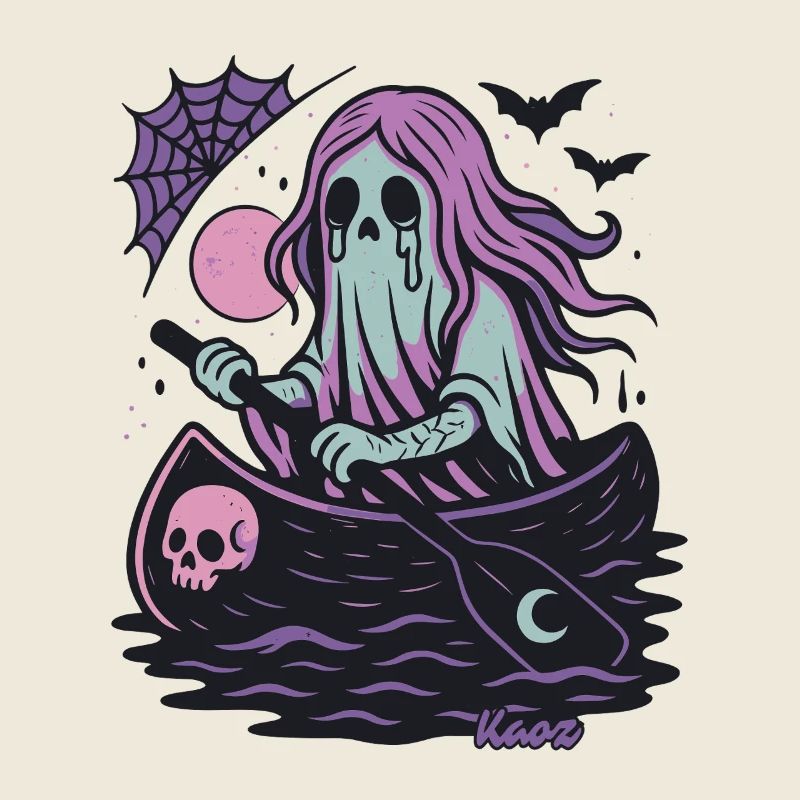 Geist im Boot mit Mond und Fledermaus