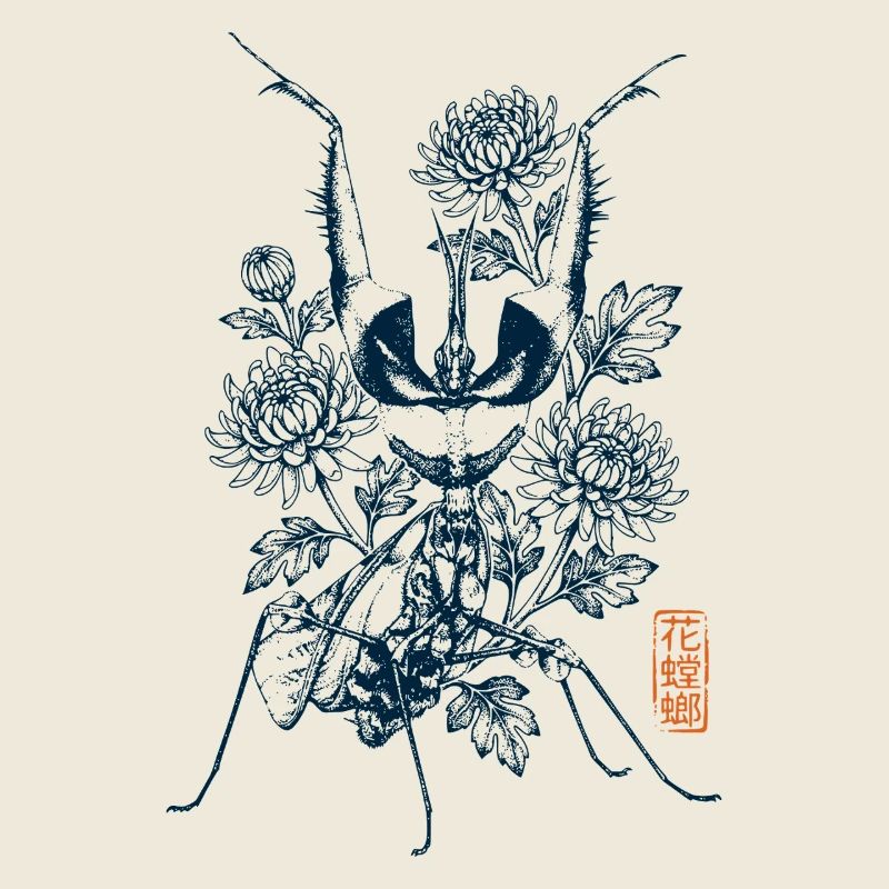 Praying mantis with chris antema and kanji stamp