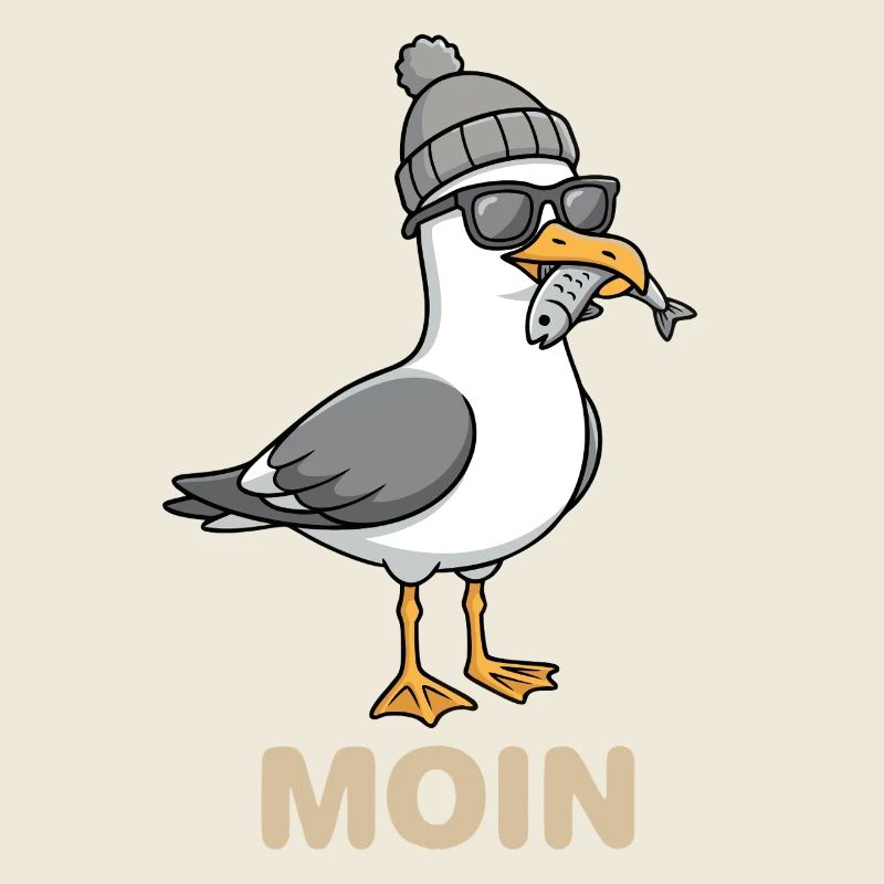 Moin Möwe Vogel mit Mütze und Fisch im Mund Möwen
