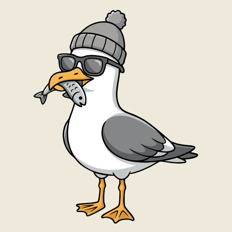 Moin seagull bird with cap and fish in mouth seagulls