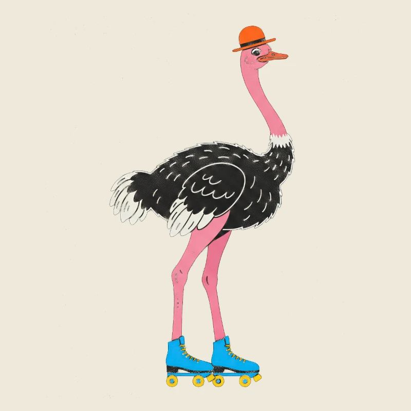 Flamingo with roller skates and hat