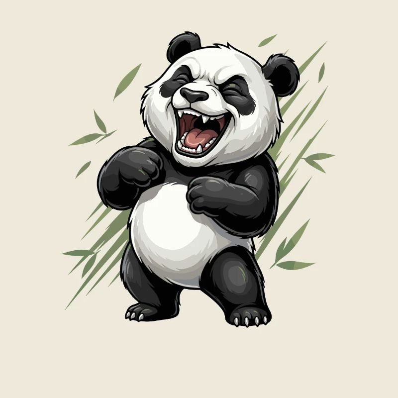 Laughing panda in bamboo panorama