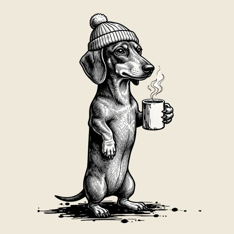 Teckel vintage avec café et chapeau