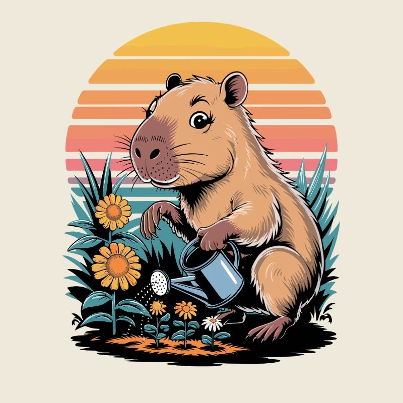 Le capybara arrose les fleurs dans le jardin devant des films rétro