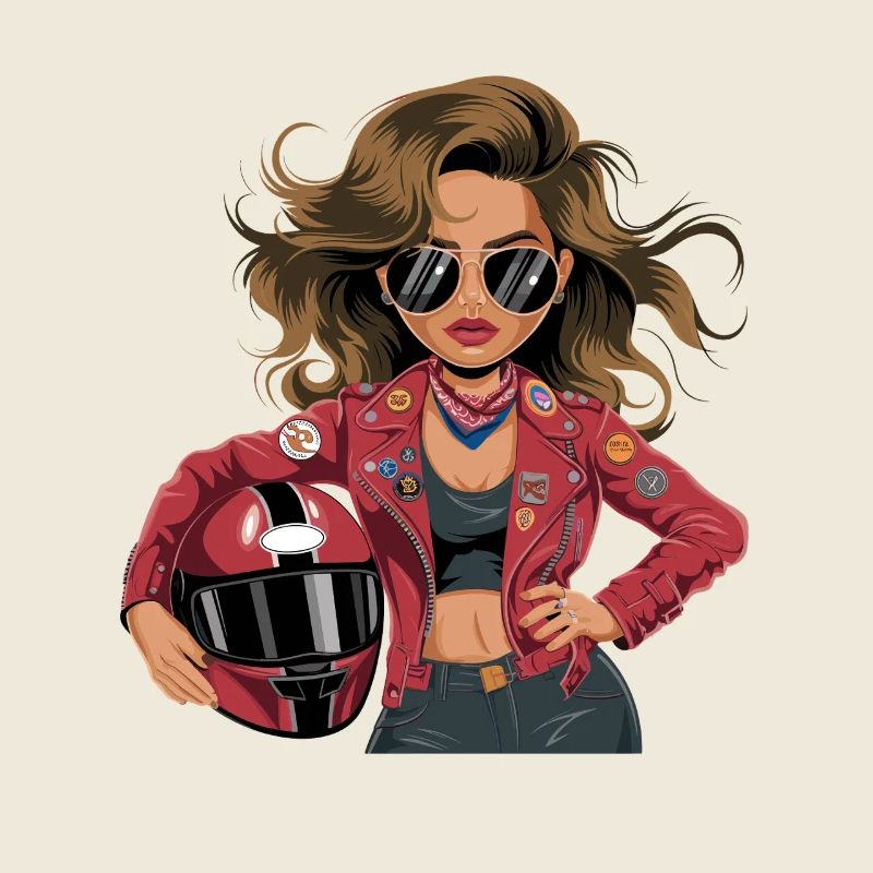 Coole Bikerin mit roter Lederjacke Sonnenbrille
