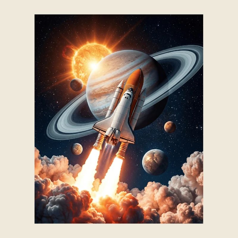 Rocket through Saturn's rings in space
