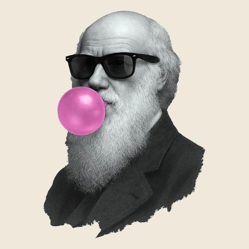 Charles Darwin avec du chewing-gum et des lunettes de soleil