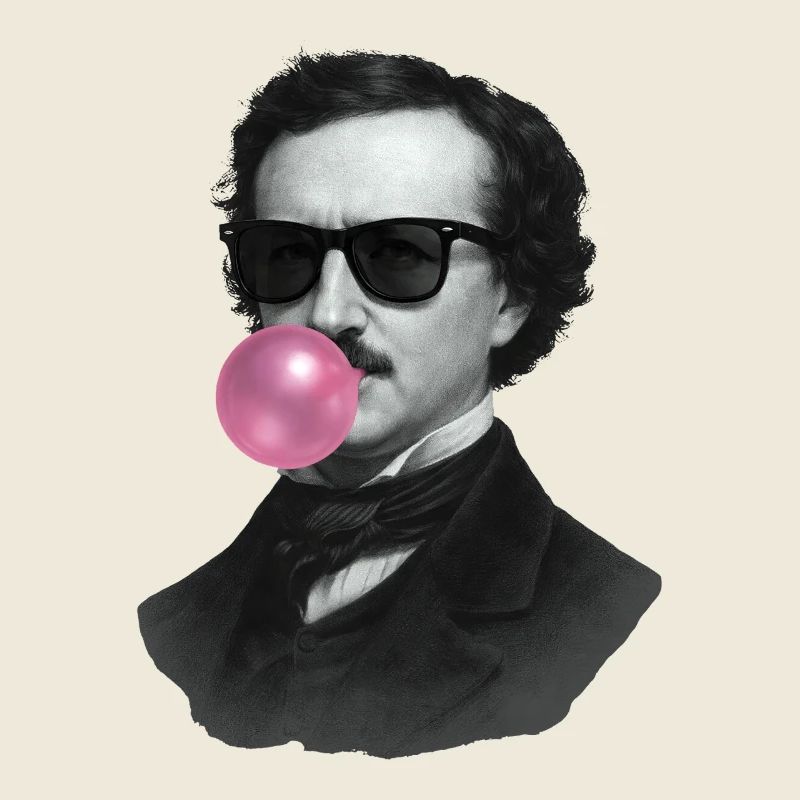 Edgar Allan Poe avec du chewing-gum et des lunettes de soleil