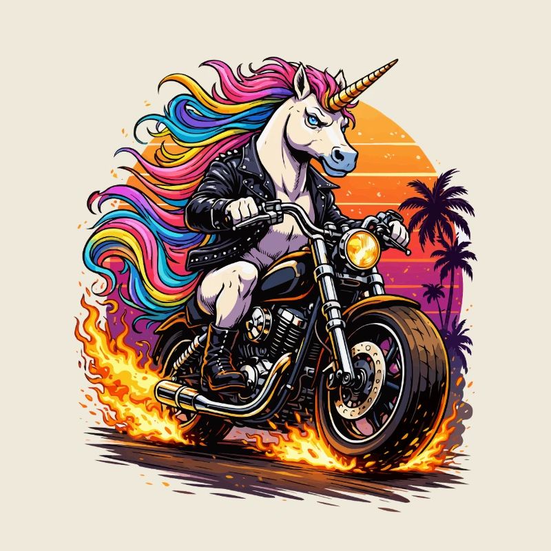 Einhorn-Motorrad im Neon-Sunset