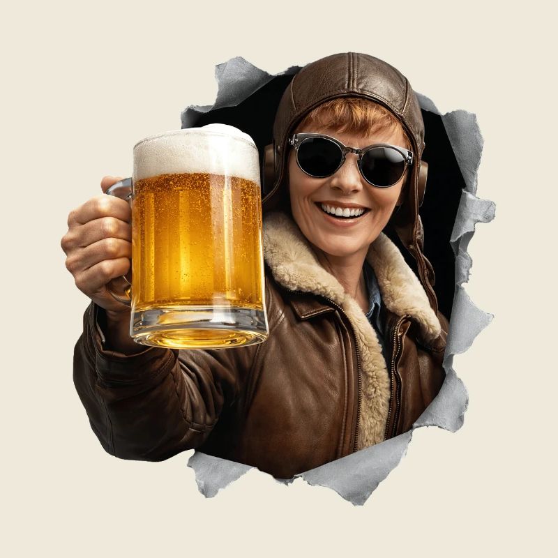 Amelia Earhart mit Sonnenbrille und Bier
