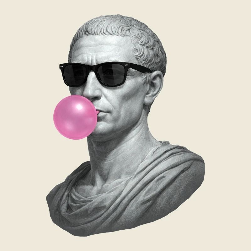 César avec des lunettes de soleil et du chewing-gum