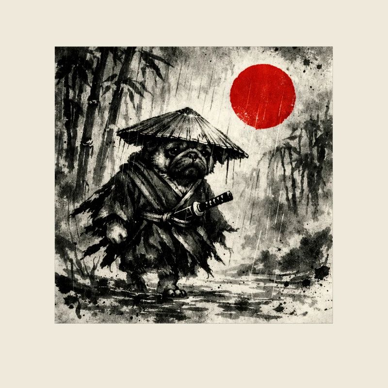 Samurai Pug Dog Japanisches Tusche-Waschbild