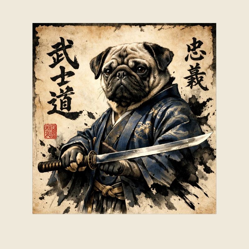 Samurai Pug Japanese Calligraphy Artwork