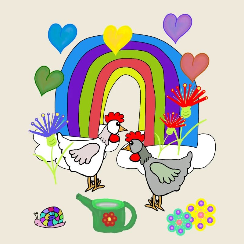 Kinder Fantasy Regenbogen Blumen Hühner