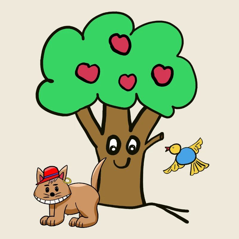 Pommier Chat Oiseau Enfants Jardin Nature