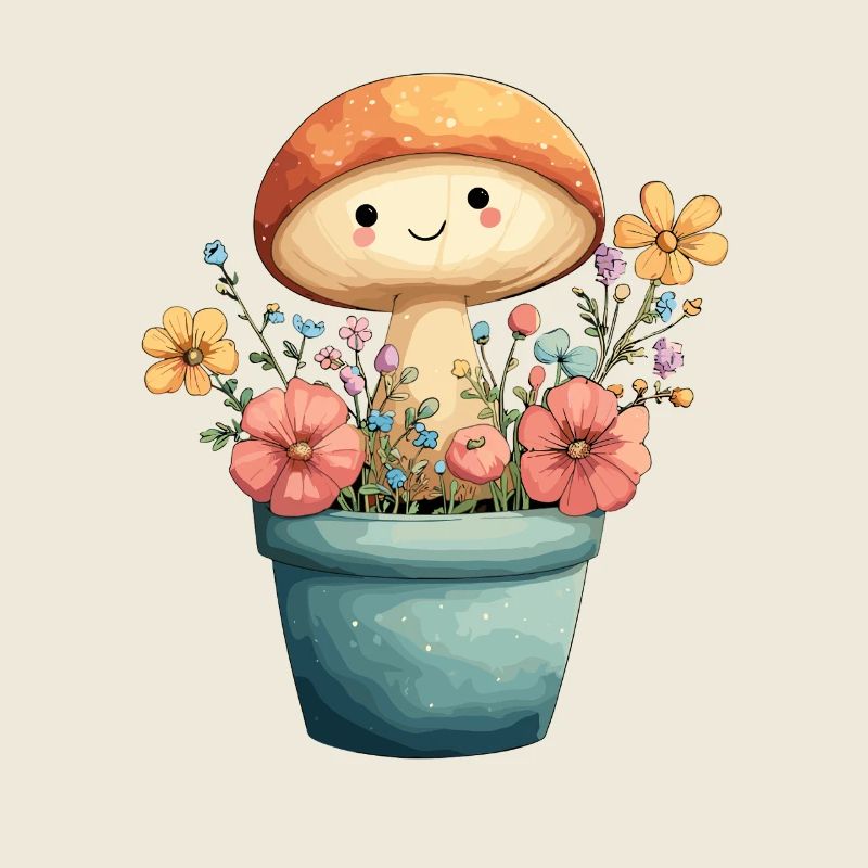 Un champignon joyeux dans un pot de fleurs