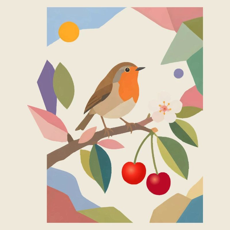 Oiseau rouge-gorge sur branche Cerisier