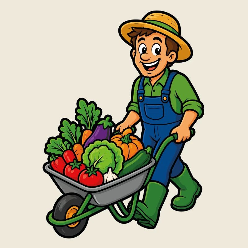 Jardinier joyeux et brouette de légumes