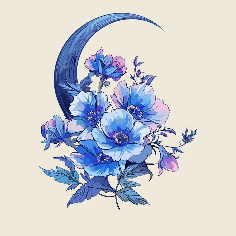 Croissant de lune avec des fleurs bleues