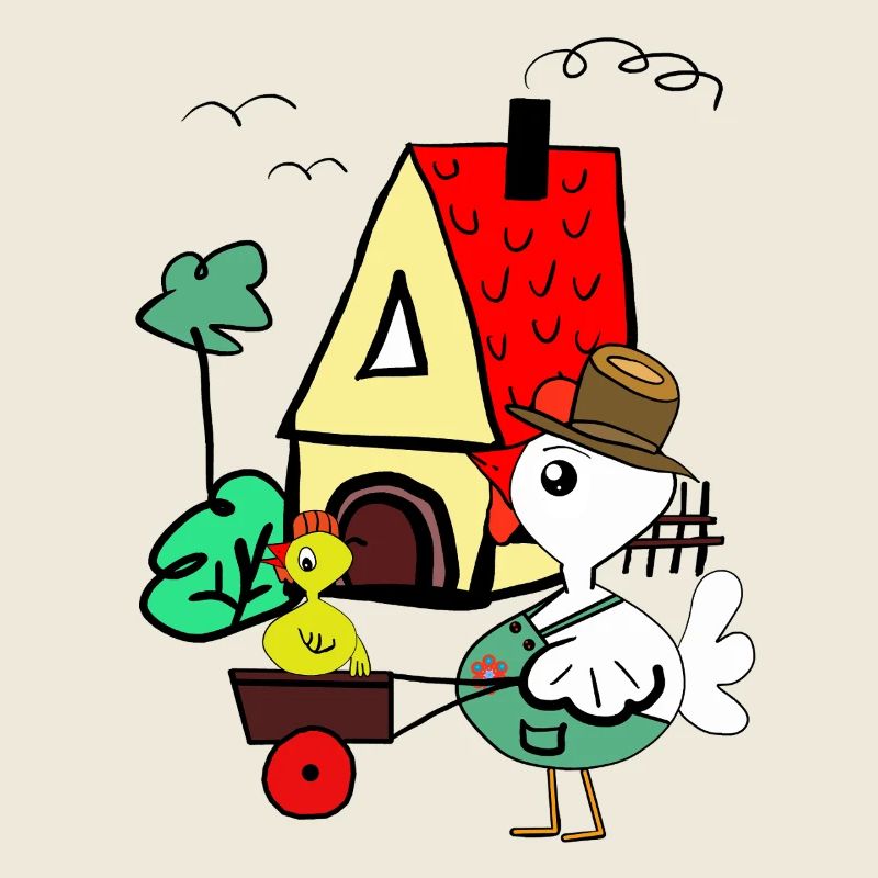 Un oiseau coloré devant la scène de la ferme A-house