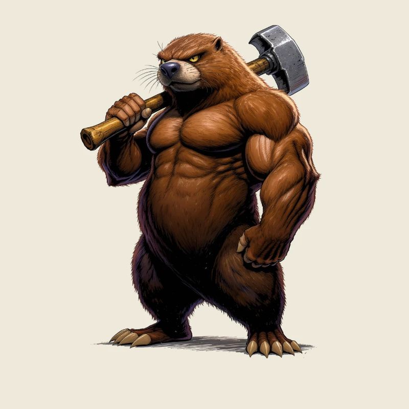 Muscular comic mole with hammer