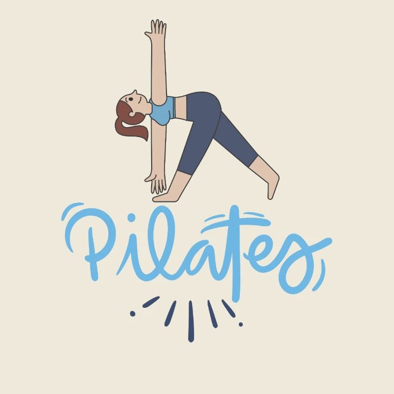 Pilates-Pose und blaue Buchstaben