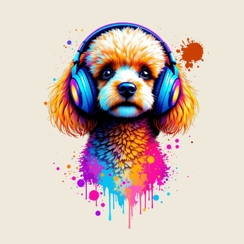 Poodle dog with headphones