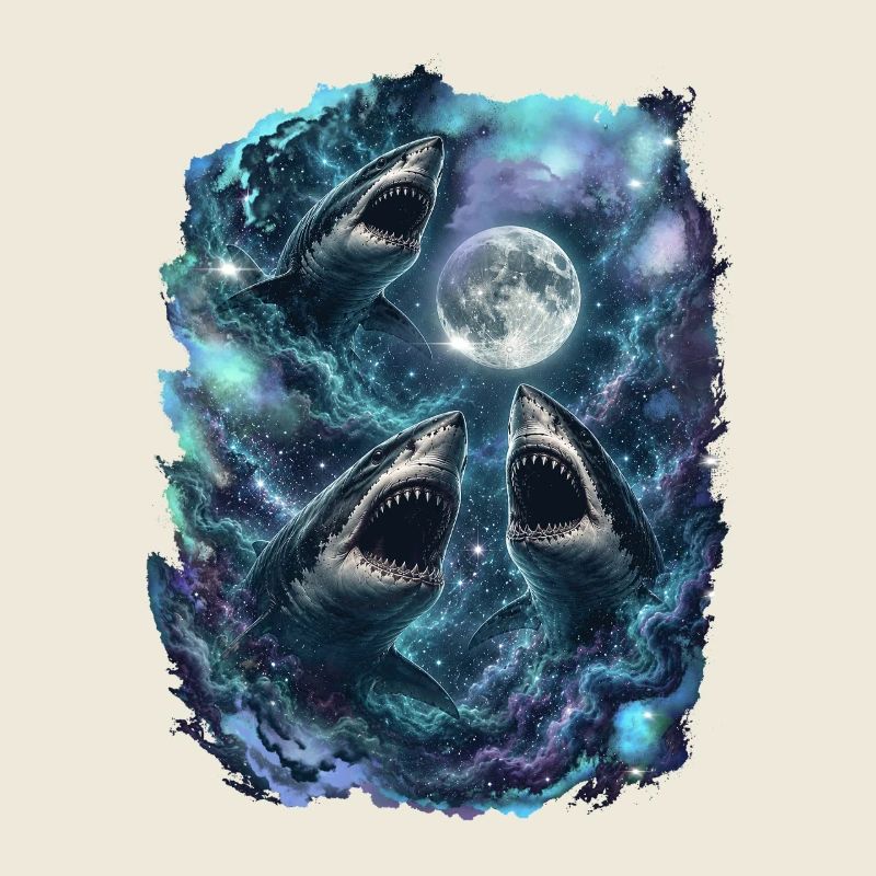 Three Sharks Moon Vintage Ocean Retro