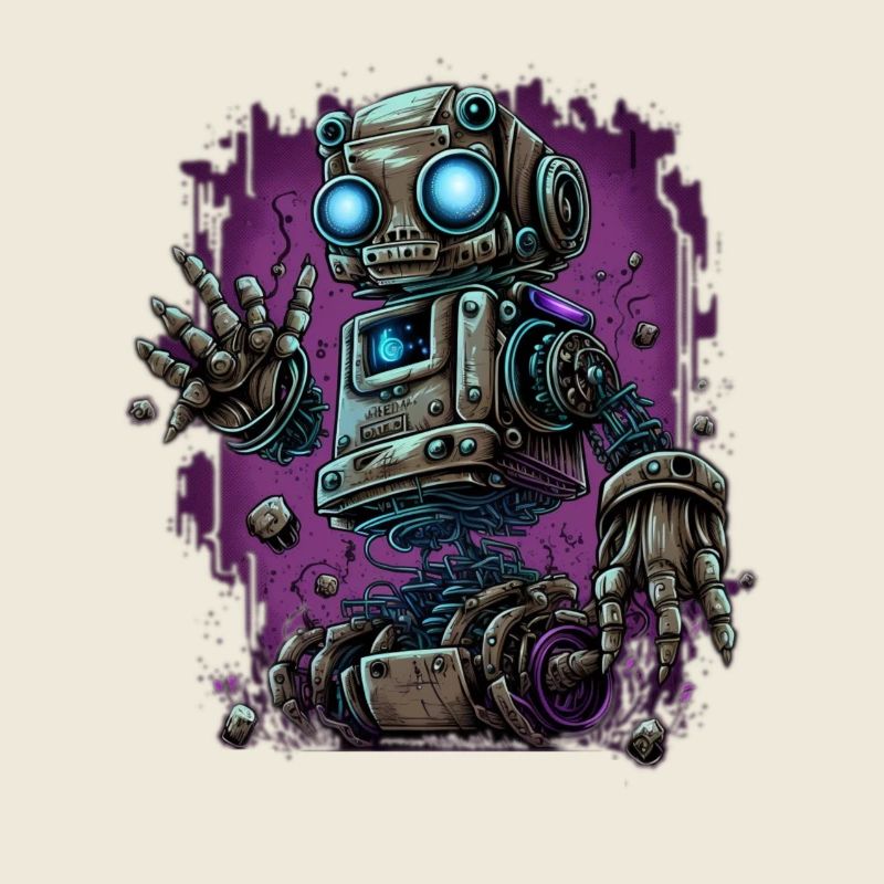 Neon-Dampfroboter im Schrottplatz-Schein