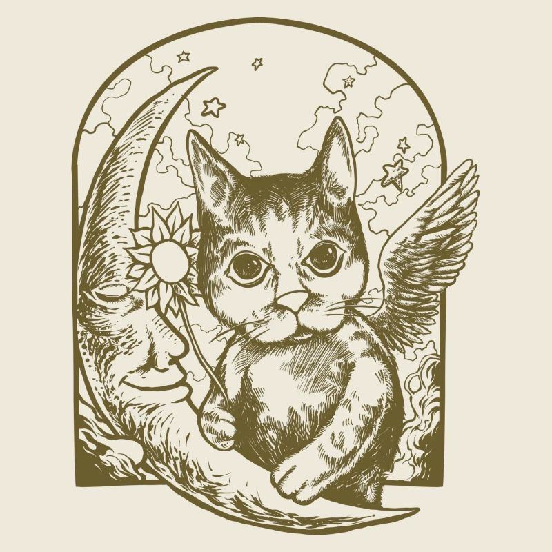 Chat céleste et lune ailée