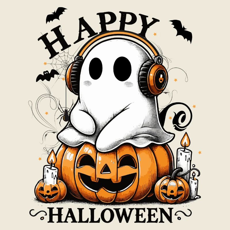 fantôme cool avec des écouteurs sur la citrouille d’halloween