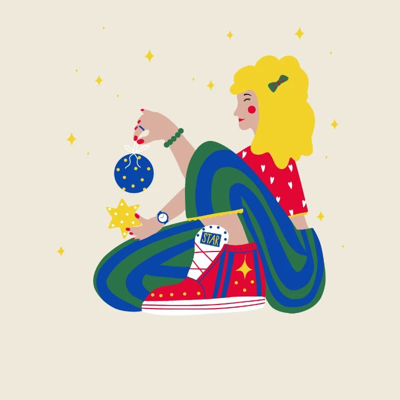 Fille de Noël avec des étoiles rouge-bleu-vert