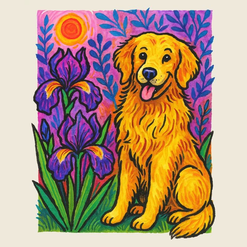Golden Retriever éclatant dans un jardin fleuri