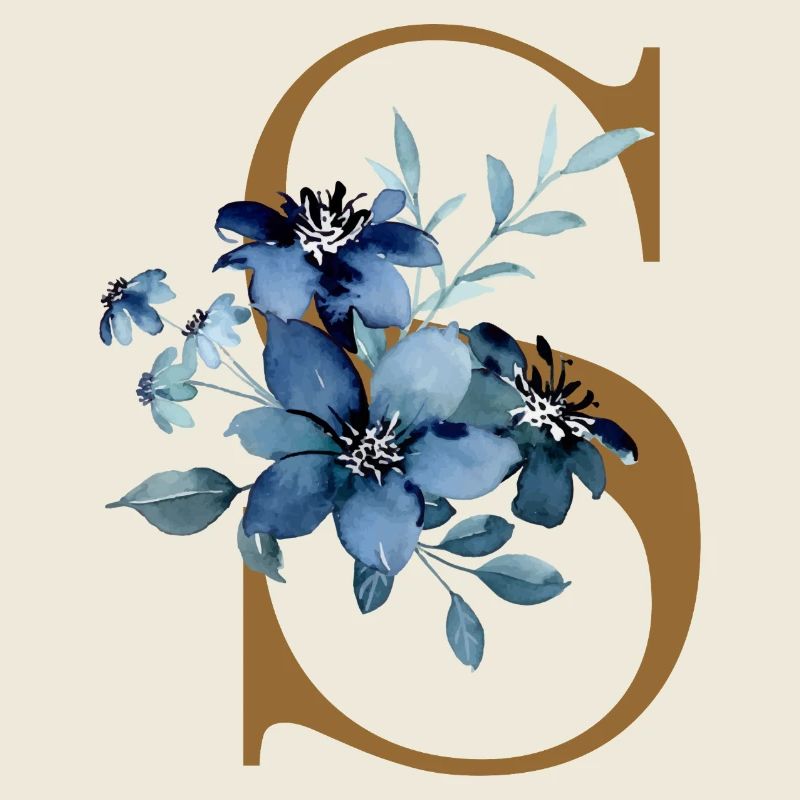 Blaues Blumenmotiv auf Buchstaben S