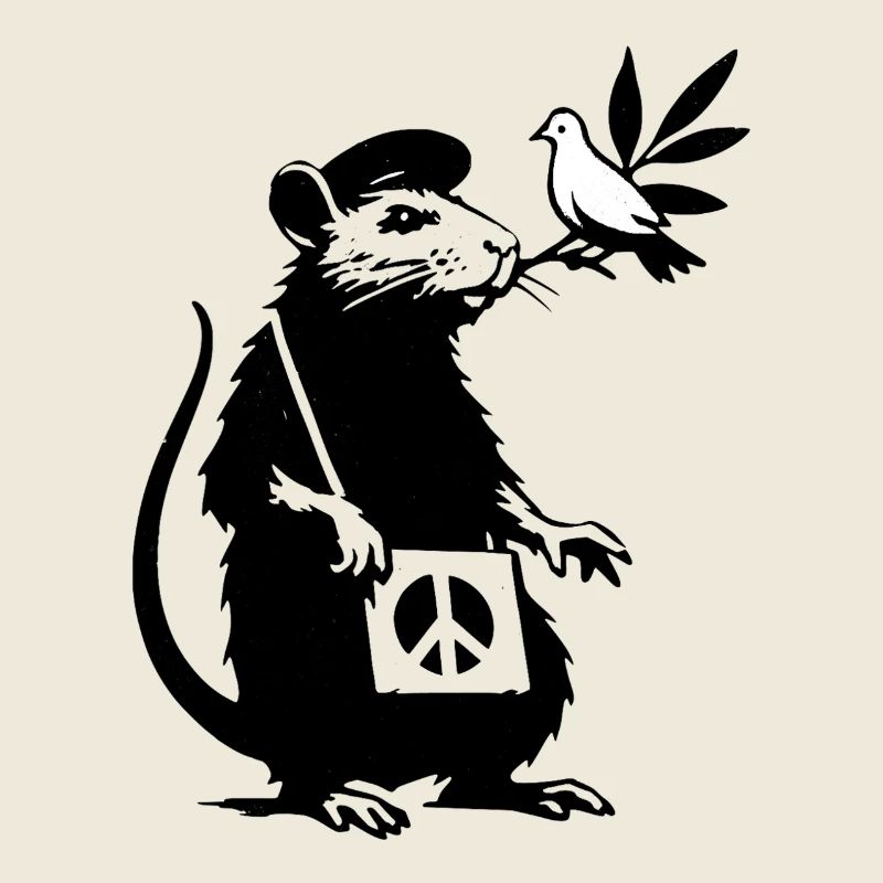Schwarzweiß Ratte mit Taube Friedenssymbol