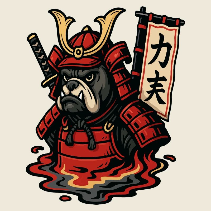 Bouledogue samouraï en armure ardente