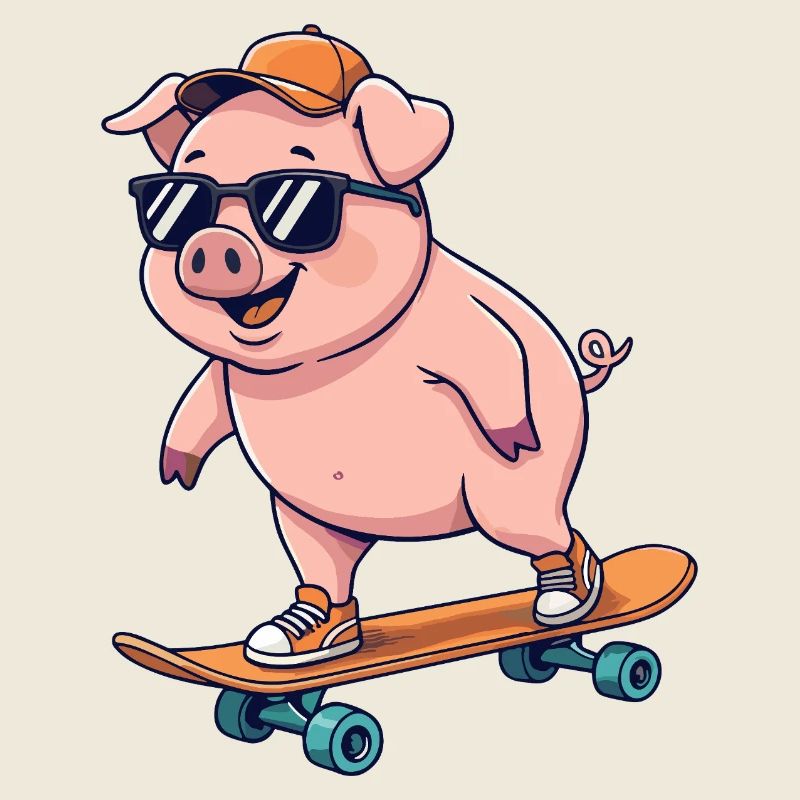 Funny Pig Skating on Skateboard Cartoon Skater