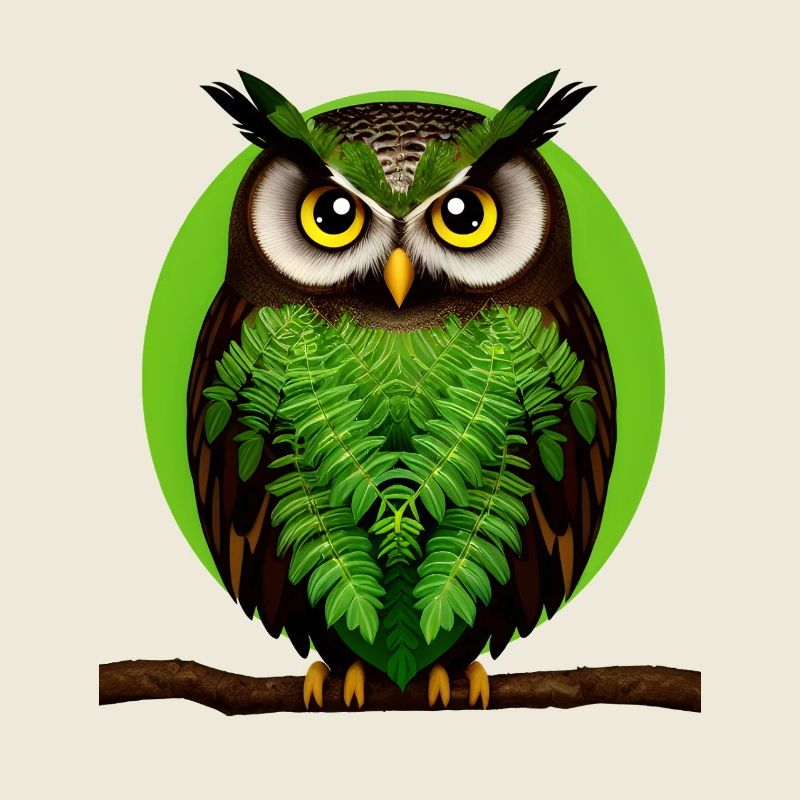 Green leaf owl portrait on branch