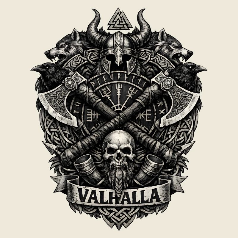 Valhalla-Wappen: Wikingerschädel und Äxte