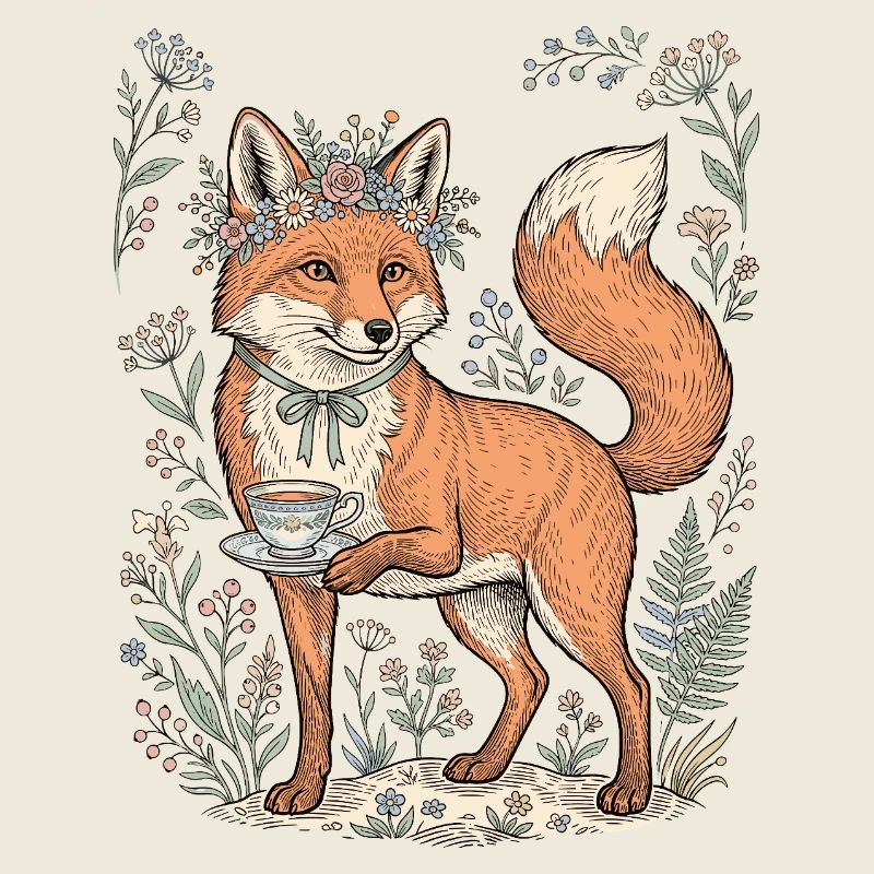 Vintage Fox Tea Party - Cottagecore Aesthetic Illu