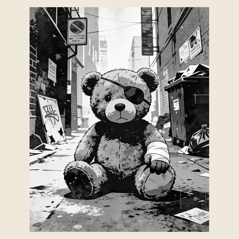 Teddybär mit Augenklappe in Straßennähe