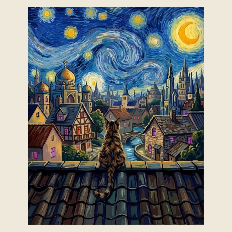 Tabby-Katze Sternennacht-Dorf-Kunst